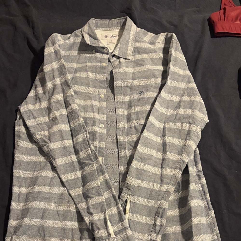 Original Penguin Men's Blue and Gray Striped Shirt
